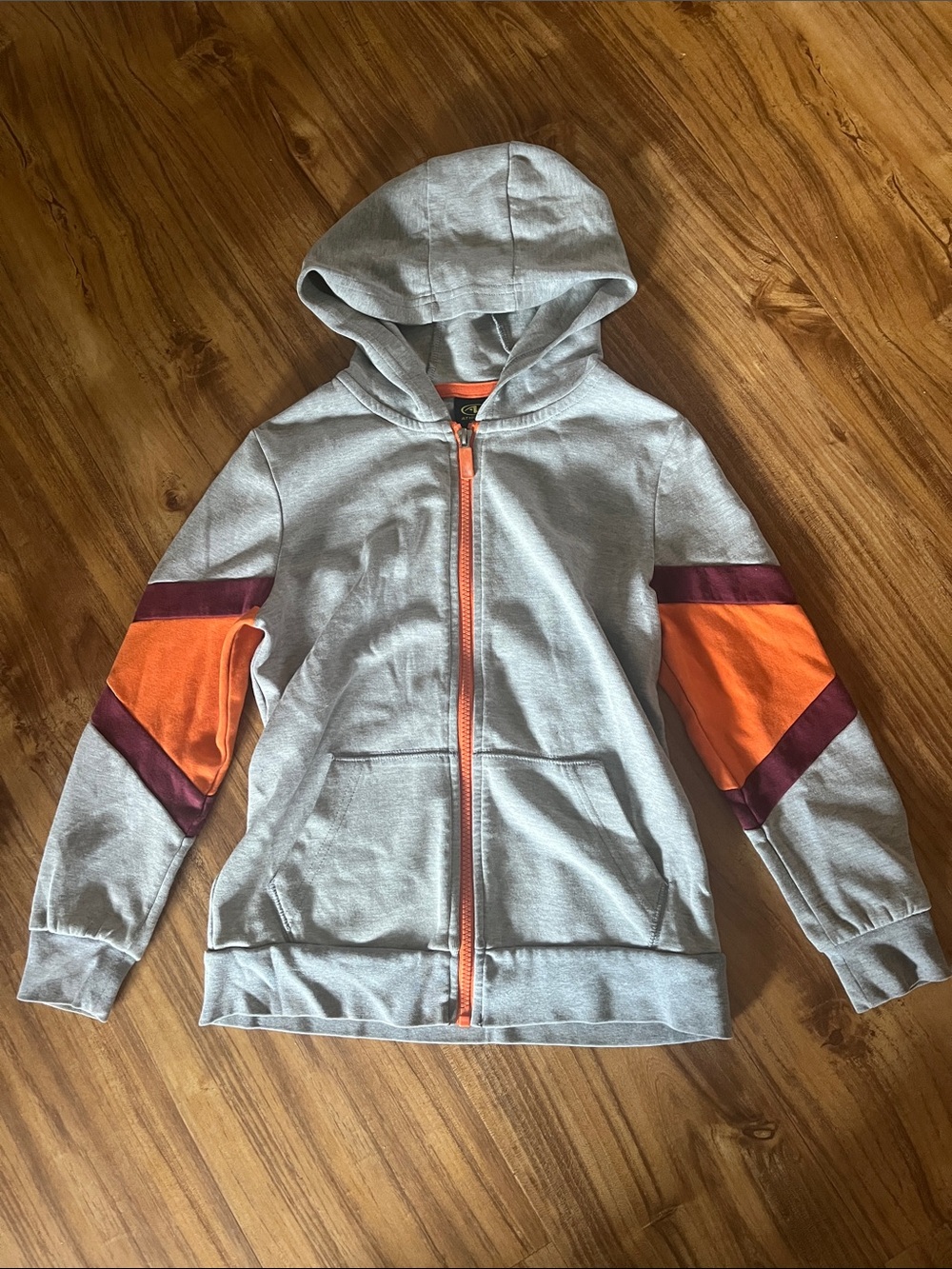 Kids' Zip Hoodie- Light Gray with Orange & Burgundy Sleeve Accents- Sz S (6-7)